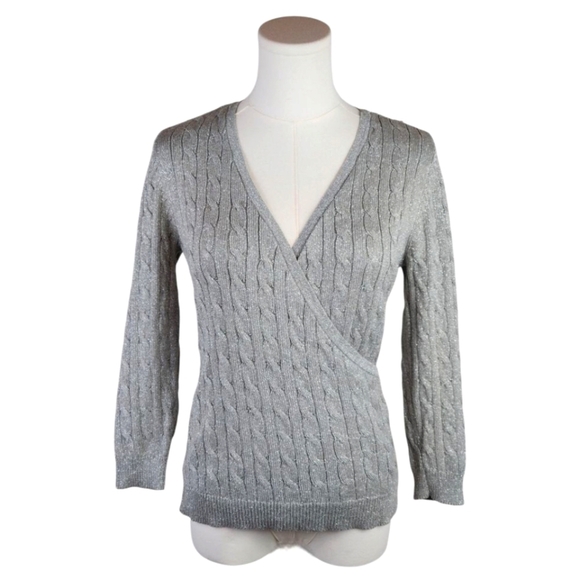 Vintage Ann Taylor Silver Wrap Sweater XS Metallic Cable Knit Silk Blend - Picture 1 of 10
